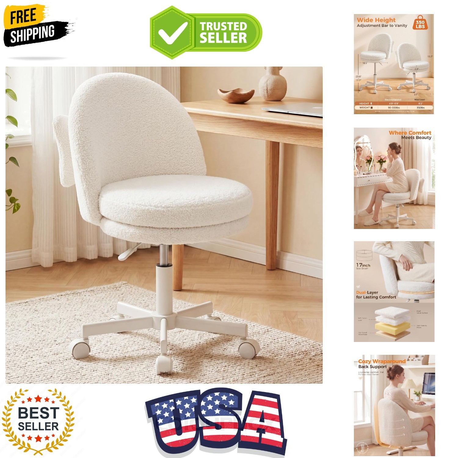 With Wheels Vanity Chairs With Back, Versatile Heigh...