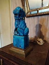 Pied de Lampe Décor Chien de Fo en Céramique Bleue