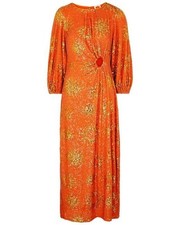 FARM Rio Orange Sunny Mood Sequin Cut Out Midi Dress Balloon Sleeves XS