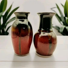 Pair Of Bud Vases By Hosley Drip Glaze Brown  Burgundy Black With Glitter MCM 