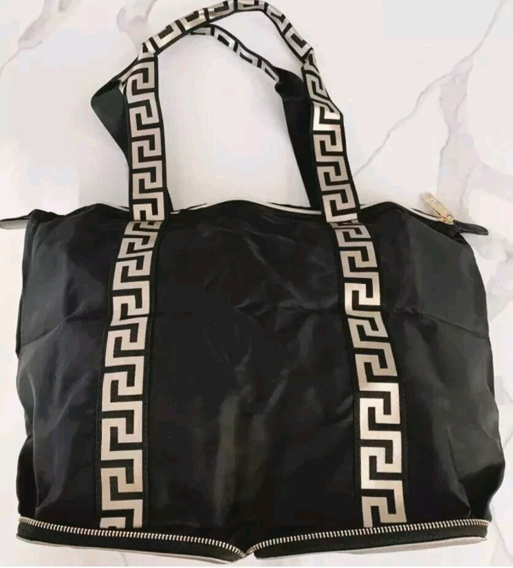 Versace Parfums Folding Tote Travel Bag Womens 7"x7" Zip Logo Beige Black image 4