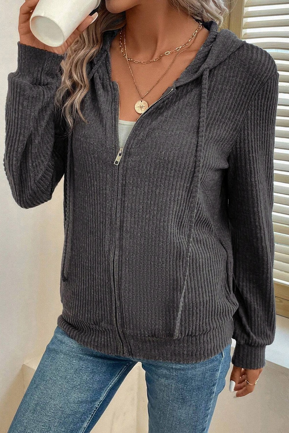 Dark Grey Ribbed Hoodie S Zip Up Front Drawstring Jacket Lounge Top UK Size 8 image 3