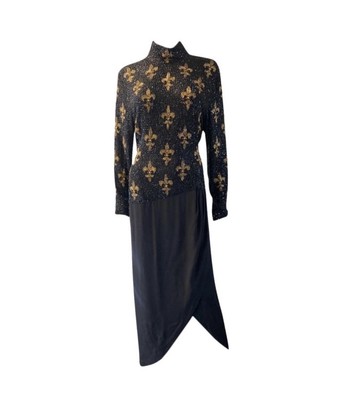 Bob Mackie 1900s Fleur De Lys Vintage Beaded Black & Gold Dress Size 8 Chiffon