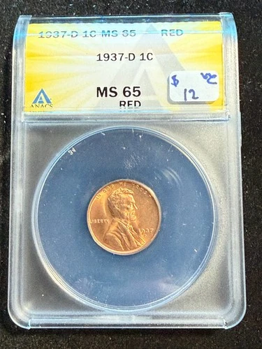 1937 D LINCOLN WHEAT CENT ANACS MS 65 RED 186