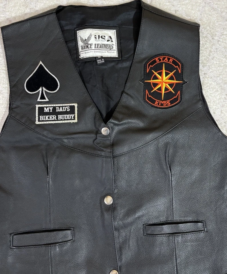 Vance Leathers USA My Dads Biker Buddy Star Kids Embroidered Leather Best Size M - Image 3 of 4