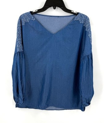 Massimo Dutti Womens Tunisian Chambray Boho Top Long Sleeve Blue 100% Lyocell