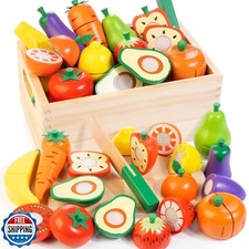 Wooden Play Food for Toddlers, Fruit and Veggies Cutting Set for