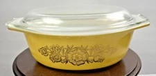 VTG Pyrex #043 Yellow & Golden Rosettes Flowers Oval Casserole 1.5 Quart