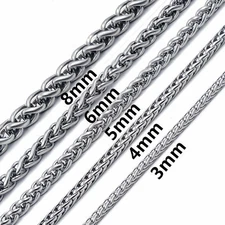 3/4/5/6/8/10mm Boys Men's Chain Stainless Steel Wheat Link Silver Tone Necklace