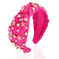 Hot Pink Headband Knotted Pearl Headband Rhinestone Girls Womens Headbands Wi...