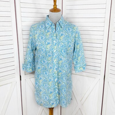 Real Clothes Saks Fifth Ave Shirt Women Sz 4 Blue Green Paisley Button Up Cotton