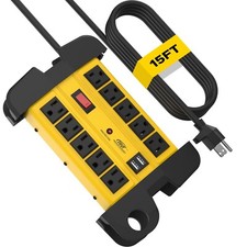 CRST 10 Outlet Heavy Duty Power Strip with 2 USB 2800J,1875W/15A/15 FT Cord