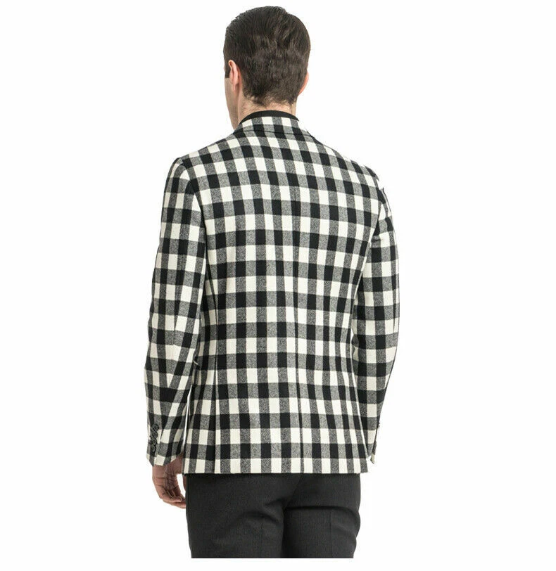 Blazer a cuadros blanco y negro para hombre a cuadros informal de negocios ajustado ropa de trabajo esmoquin Foto 3 de 4