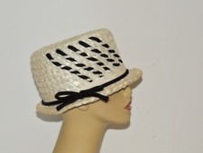 1960's White Cellophane Straw Hat w Velvet Trim