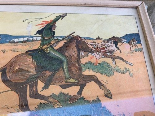 2 Antique Prints Cowboys & Indians Water Color Paintings Framed Art 9X12" - Picture 11 of 13