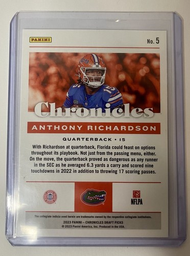 ANTHONY RICHARDSON ROOKIE RC 2023 PANINI Chronicles Draft Picks #5 Florida - Picture 4 of 4