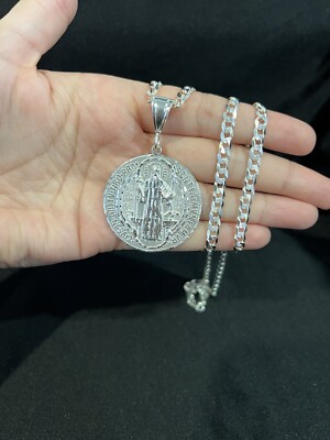 925 Sterling Silver Men Women St Benedict San Benito Medal Curb Chain 20  24 30