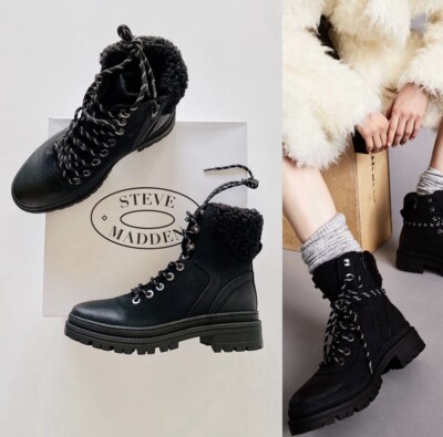  New STEVE MADDEN Keystone Faux Fur Faux Leather Lace Up Boots Black Size 8.5