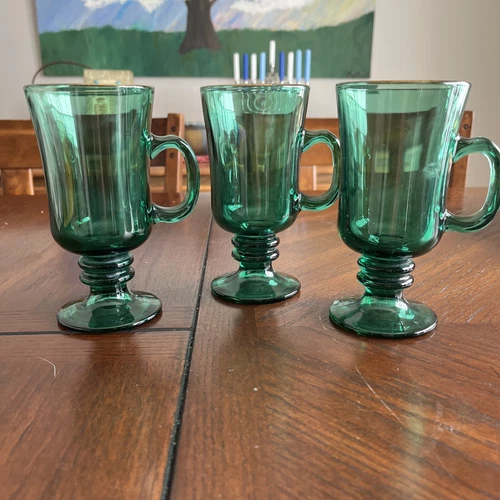3 Teardrop Juniper Emerald Green Glass Irish Coffee Mugs Cups Gold Rim Pedestal