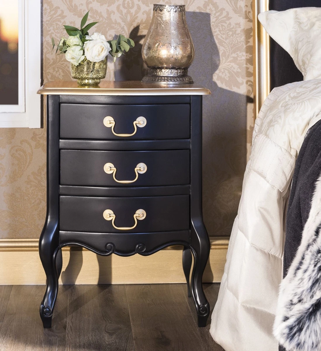 Juliette Black and Gold Bedside table with 3 drawers. ASSEMBLED bedside cabinet