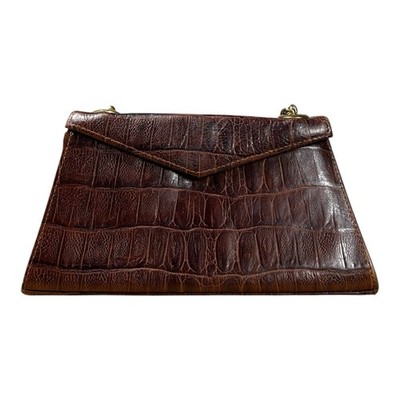 Esquire Vintage Brown Croc Embossed Leather Envelope Clutch Gold Chain Bag 