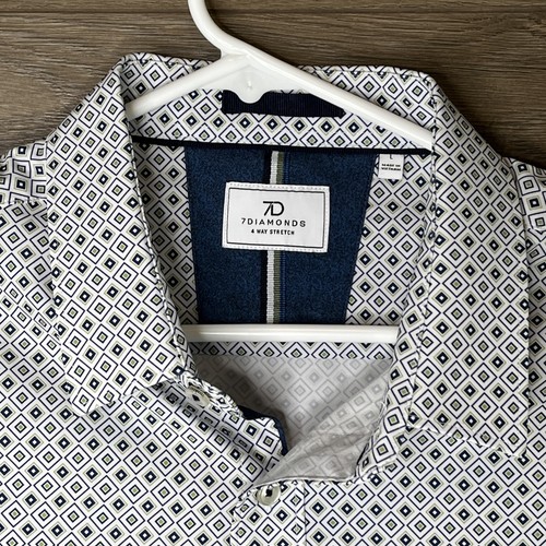 7Diamonds White Shirt Mens Large Blue Gray Diamond Print 4 Way Stretch Button Up - Picture 8 of 8