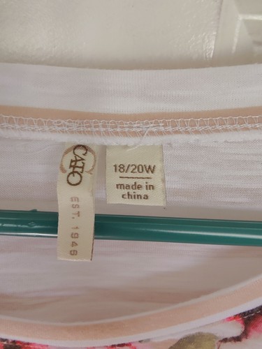 Cato Striped Floral White Beige T-Shirt W Crochet Border 18/20W - Picture 5 of 5