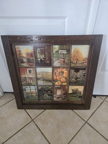 VTG HOMCO HOME INTERIORS B MITCHELL 12 WINDOW PANE PICTURE FALL RUSTIC