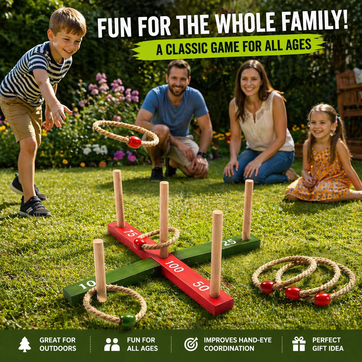 Wooden Quoits Ring Toss Game 5 Rope Rings Garden Outdoor Kids Family ...