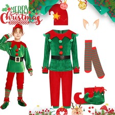 Kid Elf Costume 7 Pieces Green Red Elf Suit Xmas Carnival Party Santa Uniform