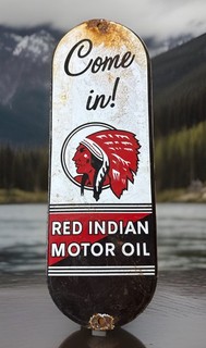 INSEGNA VINTAGE 11 3/4” X 4” ROSSA INDIANA OLIO MOTORE PORCELLANA GASOLIO PIASTRA SPINTA