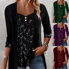 Ladies Sparkly Sequin Patchwork Tops Party Blouse Christmas Tee Shirts Plus Size
