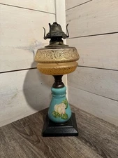 Antique Composite Oil Lamp Aqua Blue Roses 14” Victor Burner