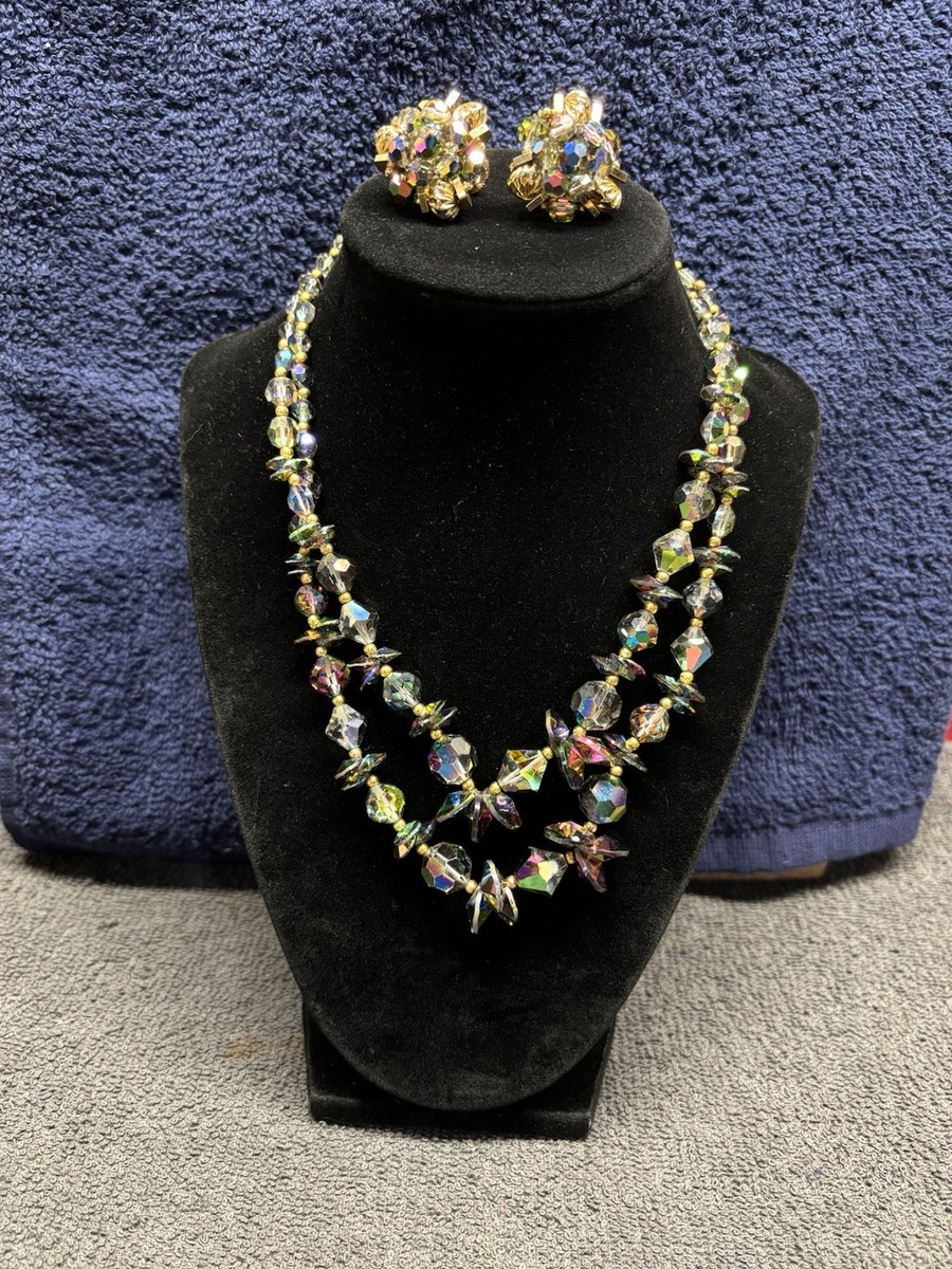 アクセサリー VINTAGE SEVEN SEAS NECKLACE &EARRING SET Vtg VENDOME Necklace/Earring Set W/AB Beads Double Strand