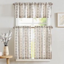 Boho Stripe Kitchen Curtains and Valance Set Linen Tier Curtains Bohemian Sma...