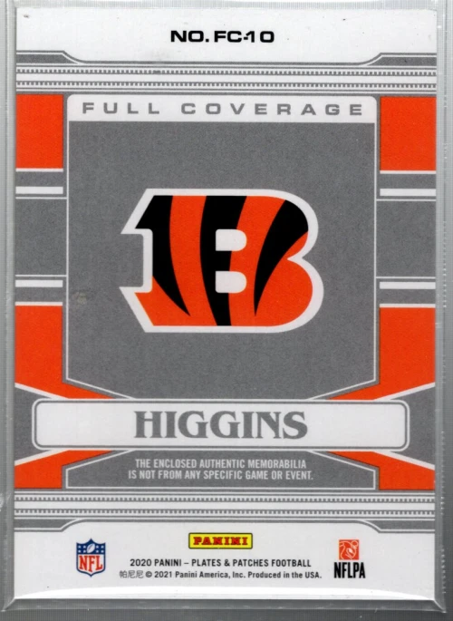 2020 Panini Plates and Full Coverage Patches Orange #10 Tee Higgins Jersey /50 - Image 2 of 2