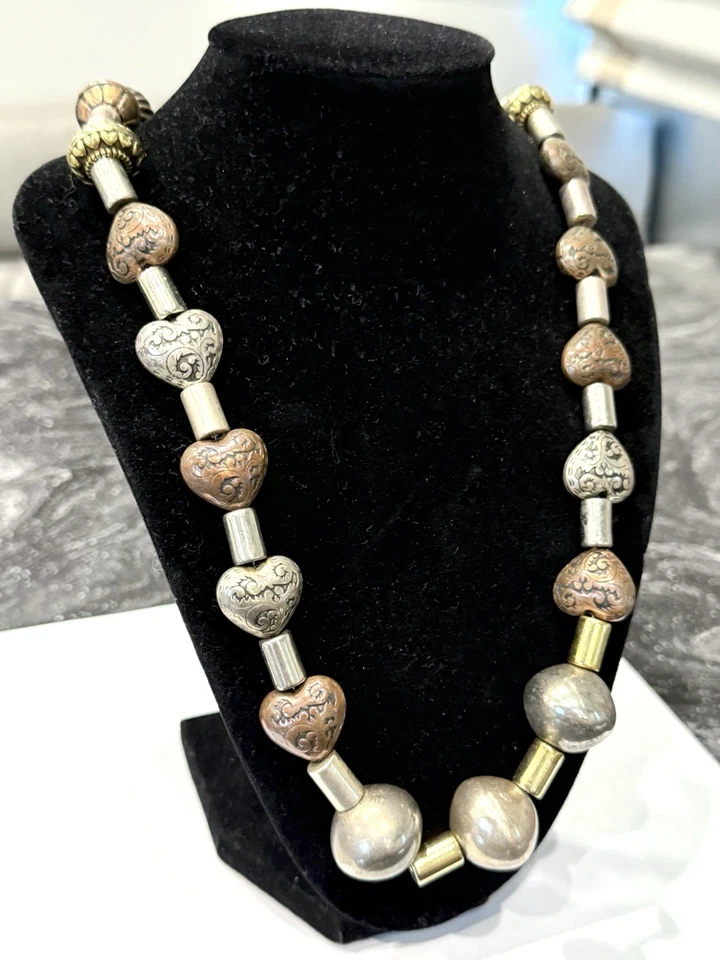 COLLAR VINTAGE BOHO CORAZÓN PLATILLO CILINDRO ALMOHADA DISCO CUENTAS COBRE PLATA 22' Foto 4 de 4