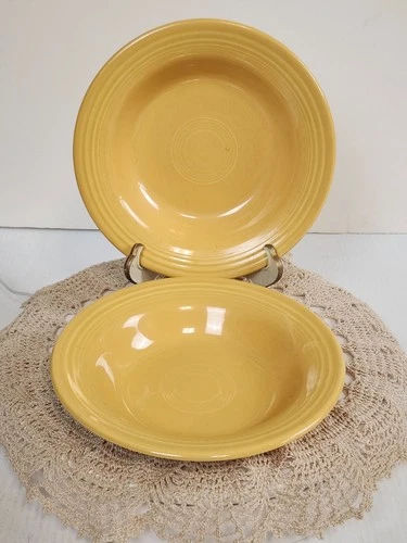 Vintage Fiesta Yellow Rim Soup Bowls 8⅜" – Set of 2, HLO USA Backstamp