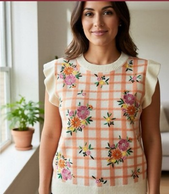 Floral Embroidered Plaid Knit Sweater Vest Sleeveless Ruffle Sleeve Pullover