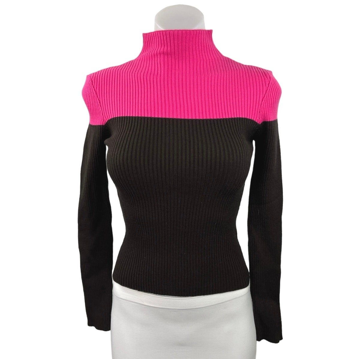 Zara Brown Pink Colorblock Rib Knit Mock Neck Long Sleeve Turtleneck Sweater S
