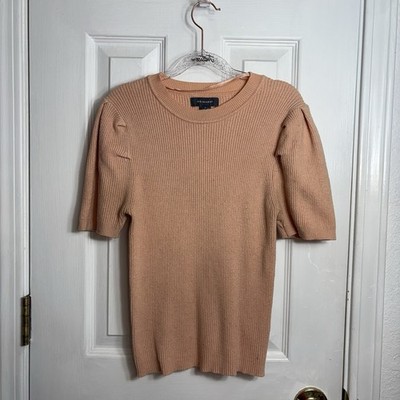 Primark Sweater Peach Pale Orange Ribbed Knit Puff Sleeve Crewneck Fitted