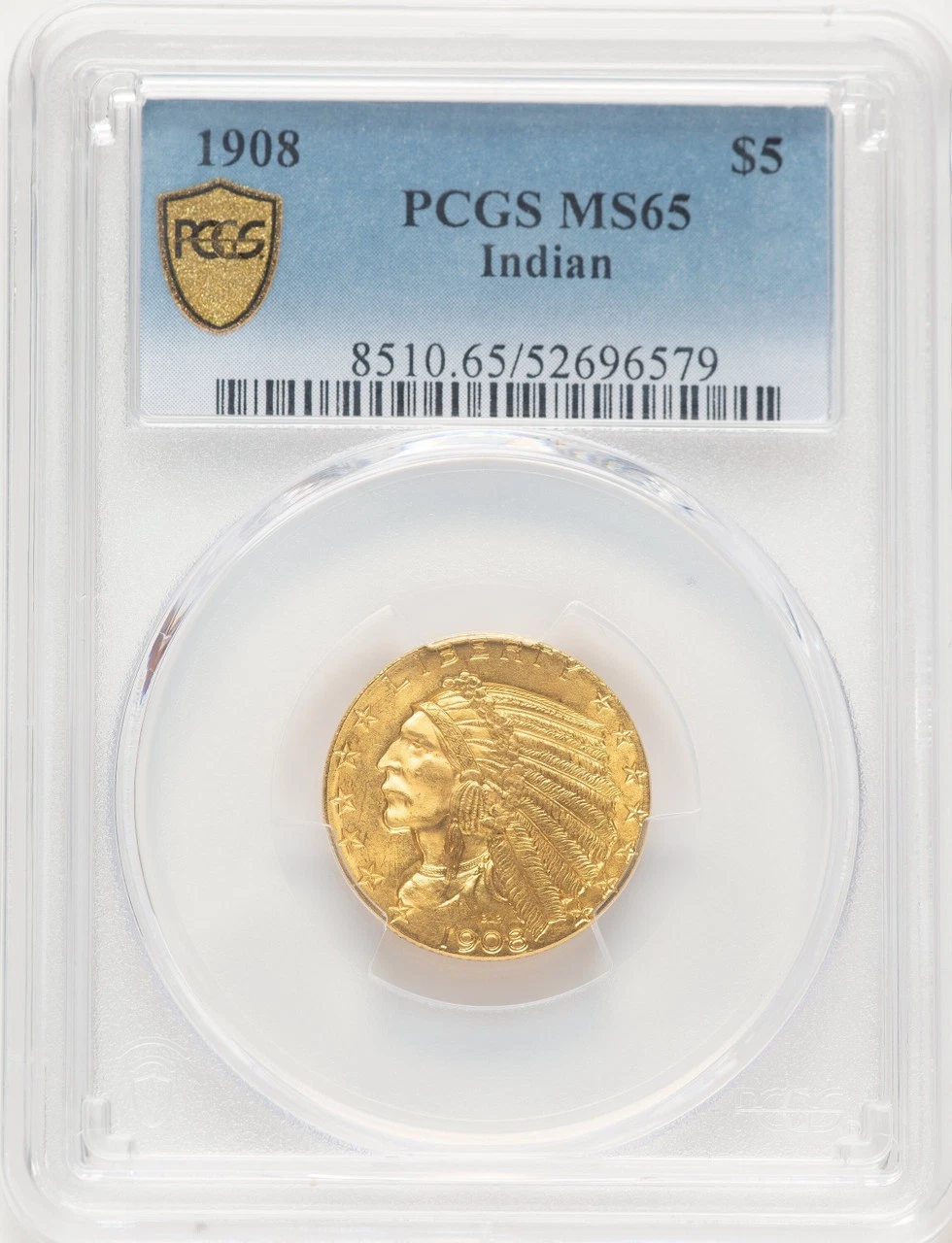 1908 $5 Indian Blue Gradient Indian Half Eagle PCGS MS65 (782234003)