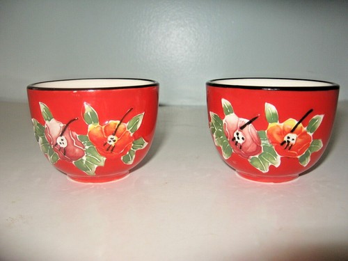 Pier 1 Teapot & 2 Cups Peony Flowers Orange Purple Floral Red Bamboo Handle Set - Picture 2 of 11