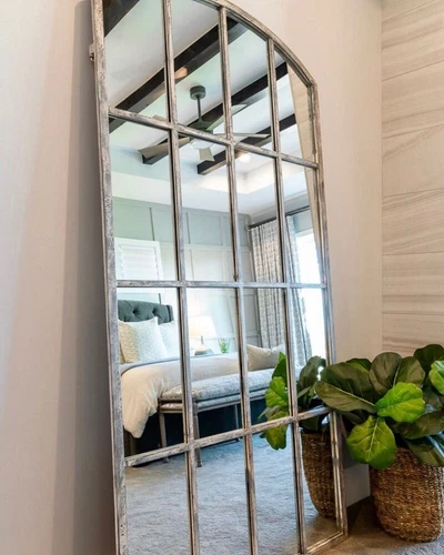 Amiel Ivory Arched Windowpane Wall Mirror Floor Leaner 82in ~ Uttermost 09542 - Picture 4 of 11