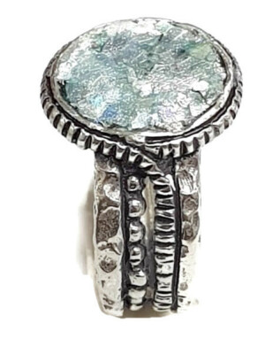 Roman Glass Ring S.Silver 925 Authentic Round Fragments 200 BC Bluish Patina S:9