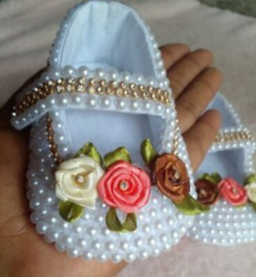 New born baby girl beaded princess pearl shoes head band 0 to 1Ysoft white