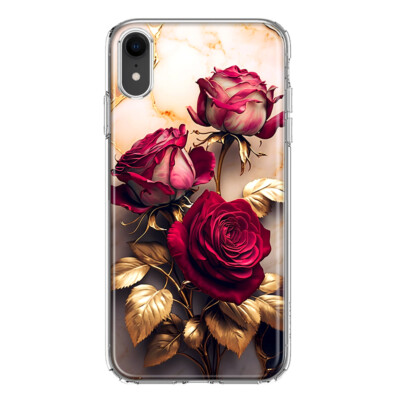 For Apple iPhone XR Shockproof Hybrid Case, Gold Marble Red Roses