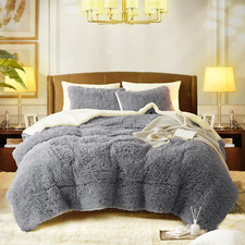 Luxury Faux Fur King Size Winter Comforter Set Shaggy Velvet Gray Long Hair, 3 P