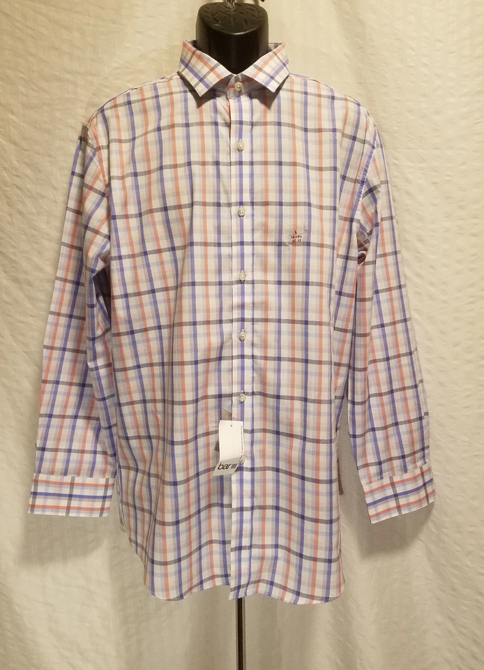 Nueva Camisa de Vestir BAR III Blanca a Cuadros Manga Larga Para Hombre Talla L XL Calce Ajustado Elástica Foto 2 de 4