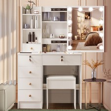 Vanity Desk with Mirror and 10 LED Lights, Makeup Vanity with 6 Drawers, White
